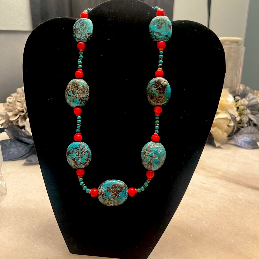 Handmade turquoise and coral necklace.